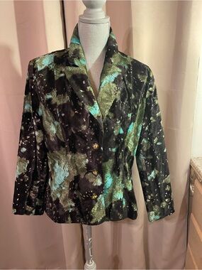 Robert Kitchen Blazer Size M – Black, White, Green & Turquoise Faux-Fur Look